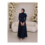 By Atelier LİNA Lacivert Omzu Kurdale Detaylı Çıkarılabilir Kemerli Kloş Uzun Abiye/Elbise