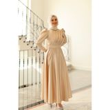By Atelier MEVA Kadın Bej Önü Pileli Uzun Kloş Etek Kemerli Modern Elbise/Abiye