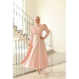 By Atelier MEVA Kadın Pudra Önü Pileli Uzun Kloş Etek Kemerli Modern Elbise/Abiye