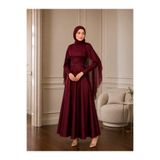 By Atelier RÜYA Bordo Şifon Pelerinli Çıkarılabilir Kemerli Uzun Kloş Abiye/Elbise