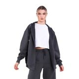 BY COMEOR Antrasit Kanguru Cepli Kapüşonlu Fermuarlı Oversize Kadın Sweatshirt CMRB73-Antrasit S