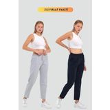 BY COMEOR Kadın Siyah-Antrasit Regular Fit Düz Paça Beli Lastikli Bağcıklı 2'Li Eşofman Altı Gri-Lacivert S