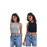 By Comeor Kadın Siyah-Beyaz Fitilli Görünümlü Askılı Kalın 2'Li Basic Atlet Bluz Cmrb92 Gri-Lacivert L