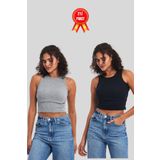 BY COMEOR Kadın Siyah-Beyaz Fitilli Görünümlü Askılı Kalın Esnek Örme 2'li Basic Crop Atlet Bluz CMRB93 Gri-Lacivert M