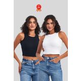 BY COMEOR Kadın Siyah-Beyaz Fitilli Görünümlü Askılı Kalın Esnek Örme 2'li Basic Crop Atlet Bluz CMRB93 SİYAH - BEYAZ XL