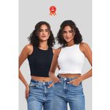 BY COMEOR Kadın Siyah-Beyaz Fitilli Görünümlü Askılı Kalın Esnek Örme 2'li Basic Crop Atlet Bluz CMRB93 SİYAH - BEYAZ XS