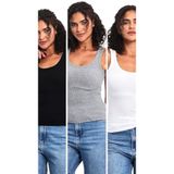 BY COMEOR Kadın Siyah-Gri-Beyaz Fitilli Görünümlü Askılı Kalın 2'li Basic Atlet Bluz L