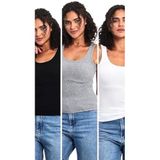 BY COMEOR Kadın Siyah-Gri-Beyaz Fitilli Görünümlü Askılı Kalın 2'li Basic Atlet Bluz M