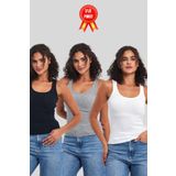 BY COMEOR Kadın Siyah-Gri-Beyaz Fitilli Görünümlü Askılı Kalın 2'li Basic Atlet Bluz S