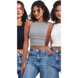 BY COMEOR Kadın Siyah-Gri-Beyaz Fitilli Görünümlü Askılı Kalın Esnek Örme 3'lü Basic Crop Atlet Bluz XL