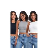 BY COMEOR Kadın Siyah-Gri-Beyaz Fitilli Görünümlü Askılı Kalın Esnek Örme 3'lü Basic Crop Atlet Bluz XS