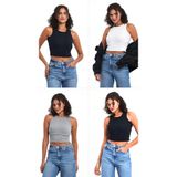 By Comeor Kadın Siyah-Gri-Beyaz-Lacivert Fitilli Görünümlü Askılı Kalın Esnek Örme 4'Lü Basic Crop Atlet Bluz L