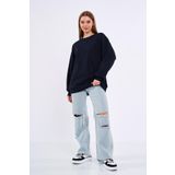 BY COMEOR Lacivert Kadın Pamuklu Oversize Basic Bisiklet Yaka Sweatshirt L