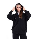 BY COMEOR Siyah Kanguru Cepli Kapüşonlu Fermuarlı Oversize Kadın Sweatshirt Siyah L