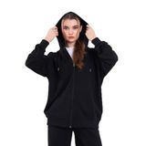 BY COMEOR Siyah Kanguru Cepli Kapüşonlu Fermuarlı Oversize Kadın Sweatshirt Siyah M