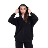 BY COMEOR Siyah Kanguru Cepli Kapüşonlu Fermuarlı Oversize Kadın Sweatshirt Siyah S