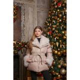 By Feyza Kids Collection Kız çocuk şişme mont Gold Taşlı Deri Detaylı Kürklü Kemerli