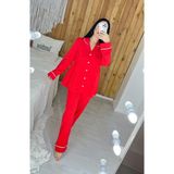 By Gamze Arman Kırmızı Renk Pamuk Kumaş Pileli Hamile Lohusa Pijama Takımı