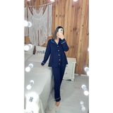 By Gamze Arman Lacivert Renk Pamuk Kumaş Pileli Hamile Lohusa Pijama Takımı