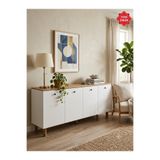 BY HS SE DESİNG MOBİLYA & TASARIM Moon Konsol 4 Kapaklı Raflı 180cm bohem Ayaklı Antlantik Çam-Beyaz