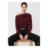BY HUPE Drape/Büzgü Detaylı Dökümlü Asimetrik Yaka Uzun Kollu Örme Krep Kumaş Bluz