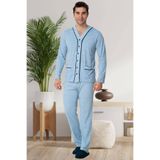 by HW Erkek Mavi Önden Düğmeli Yazlık Büyük Beden Pijama Takımı