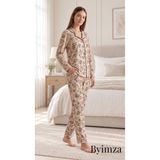 by imza Byimza Kadın Bej Leopar Desenli Gömlek Yaka Düğmeli Uzun Kollu Pijama Takımı