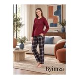 by imza Byimza Kadın Bordo Yuvarlak Yaka Düğme Detaylı Uzun Kollu Ekose Pijama Takımı