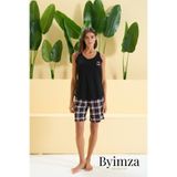 by imza Byimza Kadın Siyah Yuvarlak Yaka Kolsuz Atlet ve Ekose Şortlu 2 Parça Pijama Takımı