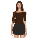 By Kul Design KADIN ÇİFT KAT JARSE DÜŞÜK OMUZ BLUZ KAHVERENGİ-XL
