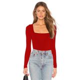 By Kul Design Kadın Kırmızı Jarse Kare Yaka Uzun Kollu Bodysuit KIRMIZI-M