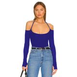 By Kul Design KADIN PARMAK GEÇMELİ DÜŞÜK OMUZ JARSE BLUZ SAKS MAVİ-XL