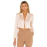 By Kul Design Kadın Vatkalı Bej Saten Kumaş Crop Ceket - (l)