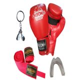 By Leon 1982 Boks Eldiveni, Kick Boks ve Muay Thai Eldiveni Seti, Bandaj, Dişlik ve Anahtarlık, 8 oz, Kırmızı, Unisex
