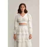 By Mare Style Derin V Yaka Düğmeli Saf Pamuk Beyaz Brode Bluz Mary Crop Top