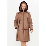 By Marki Marki Deri Kapüşonlu Oversize Kadın Kaban - Içi Kürklü Bordo - Kahverengi 90 cm - 113422