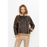 By Marki Marki Deri Kapüşonlu Oversize Kadın Mont - Içi Kürklü - Kahverengi 65 cm - 115522