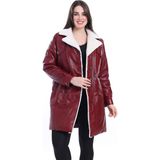 By Marki Marki Hakiki Deri Kürk Kaban Kruvaze Kürk Yakalı Astarlı ve Kürklü Bordo Deri Mont Kadın Ceket - 111522 - 2XL