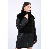 By Marki Marki Kadın Deri Dışı Kürk Detaylı Uzun Mont Oversize - 2XL - Siyah
