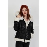 By Marki Marki Kadın Siyah Kapüşonlu Kürk Detaylı Şişme Deri Mont 105022 - XL