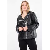 By Marki Marki Kapüşonlu Deri Mont Kadın Siyah Kapüşonlu Deri Yağmurluk Oversized - 104522 - XL