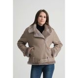 By Marki Marki Kürk Manşetli Ceket, Kemerli Bej Hakiki Deri Ceket, Şık ve Modern Tasarım - 113922 - XS