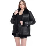 By Marki Marki Lux Deri Mont Kürk Ceket Siyah Kaban Dekor Kemer Detaylı 109122 - XS