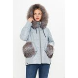By Marki Marki Şişme Kadın Kaban - Kürk Detaylı, Kapüşonlu - Buz Mavisi 75 cm - A001X - XL