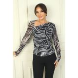 By Saygı Asimetrik Yaka Beli Büzgülü Yılan Desen Tül Bluz, S-24Y0840089