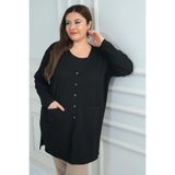 By Saygı Büyük Beden Likralı Cepli Fitilli Triko Hırka, Standart, S-26K1800068, Siyah, Kadın
