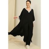 By Saygı Dantel Detaylı Cepli Uzun Tunik Beli Lastikli Pantolon Oversize 2'li Viskon Takım, Siyah, L
