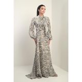 By Saygı Fular Detaylı Zebra Desenli Saten Uzun Elbise, S-25Y1190005