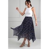 By Saygı Kadın Beli Lastikli Astarlı Ekoseli Kraşlı Üçgen Midi Etek - Lacivert - 2XL