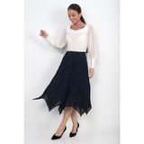 By Saygı Kadın Beli Lastikli Astarlı Flok Baskı Parçalı Midi Etek - Siyah - 2XL